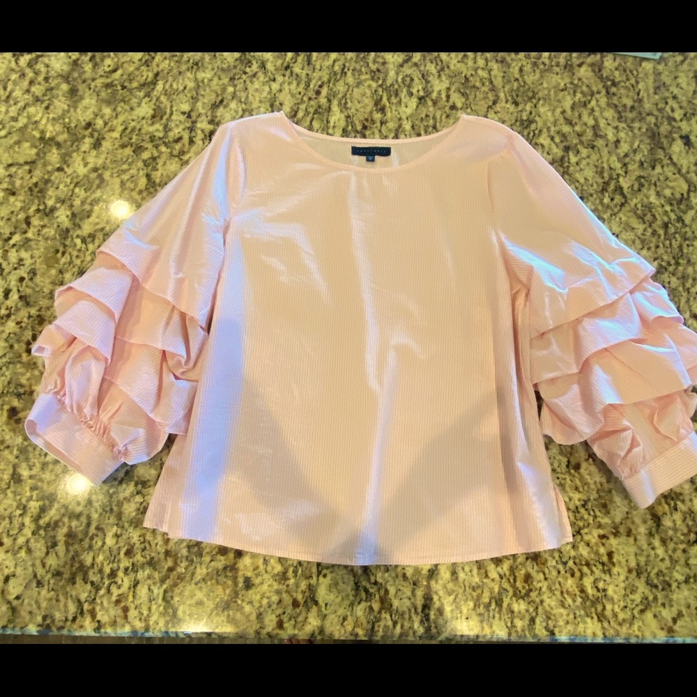 EUC Sanctuary triple tiered puff 3/4 sleeve top - pink & white ticking stripe M